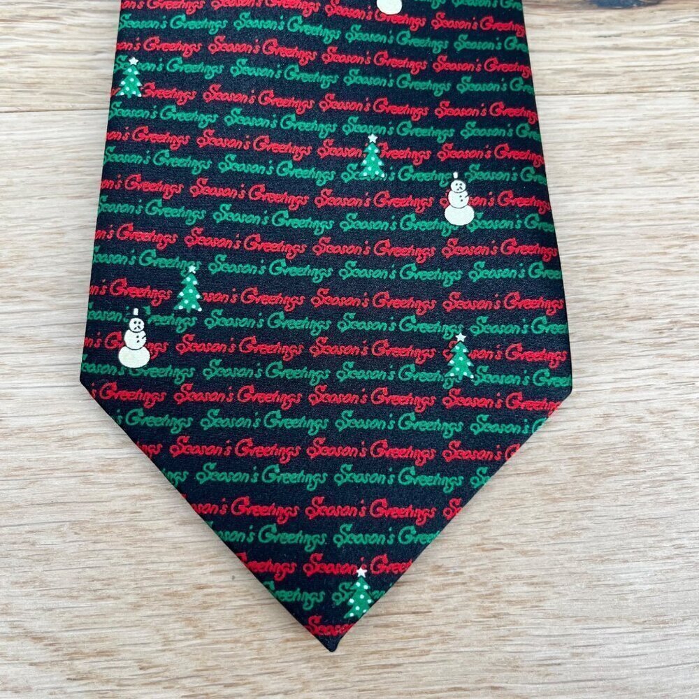 100% Silk Mens Christmas Holiday Tie Seasons Greetings Tree Snowman Black EUC